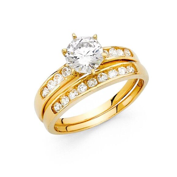 14k Solid Real yellow Gold Engagement ring 2pc set
